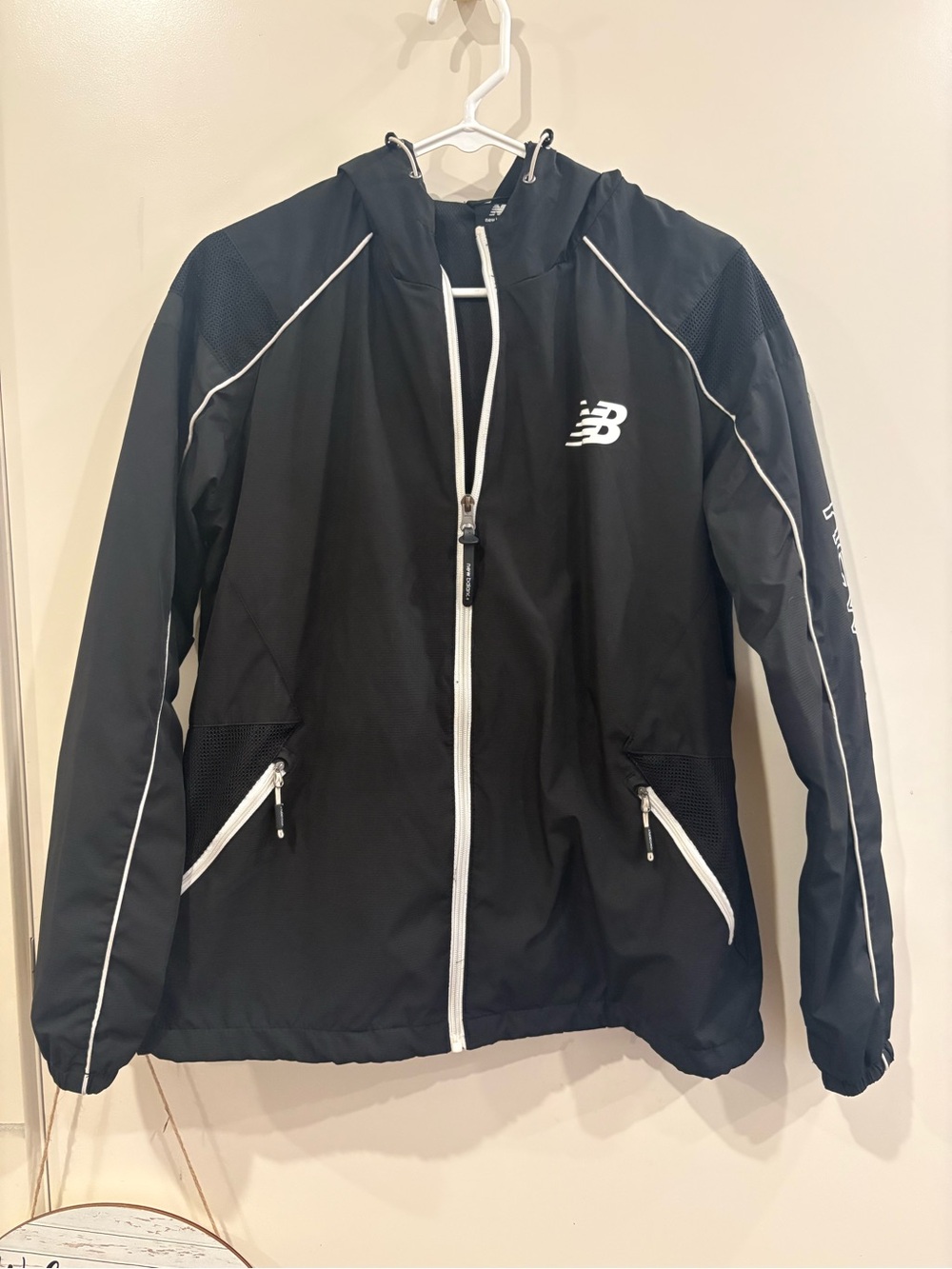 New Balance Black Hooded Windbreaker Jacket with White Accents